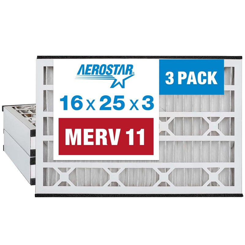 Aerostar 16x25x3 MERV 11 - 3 Count - Pleated HVAC, Furnace & Air Conditioner Filters - Removes Dust, Cold & Flu Germs, Lint, Mold, Pet Dander, Allergy-Causing Pollen, Smog & Smoke - Image 1